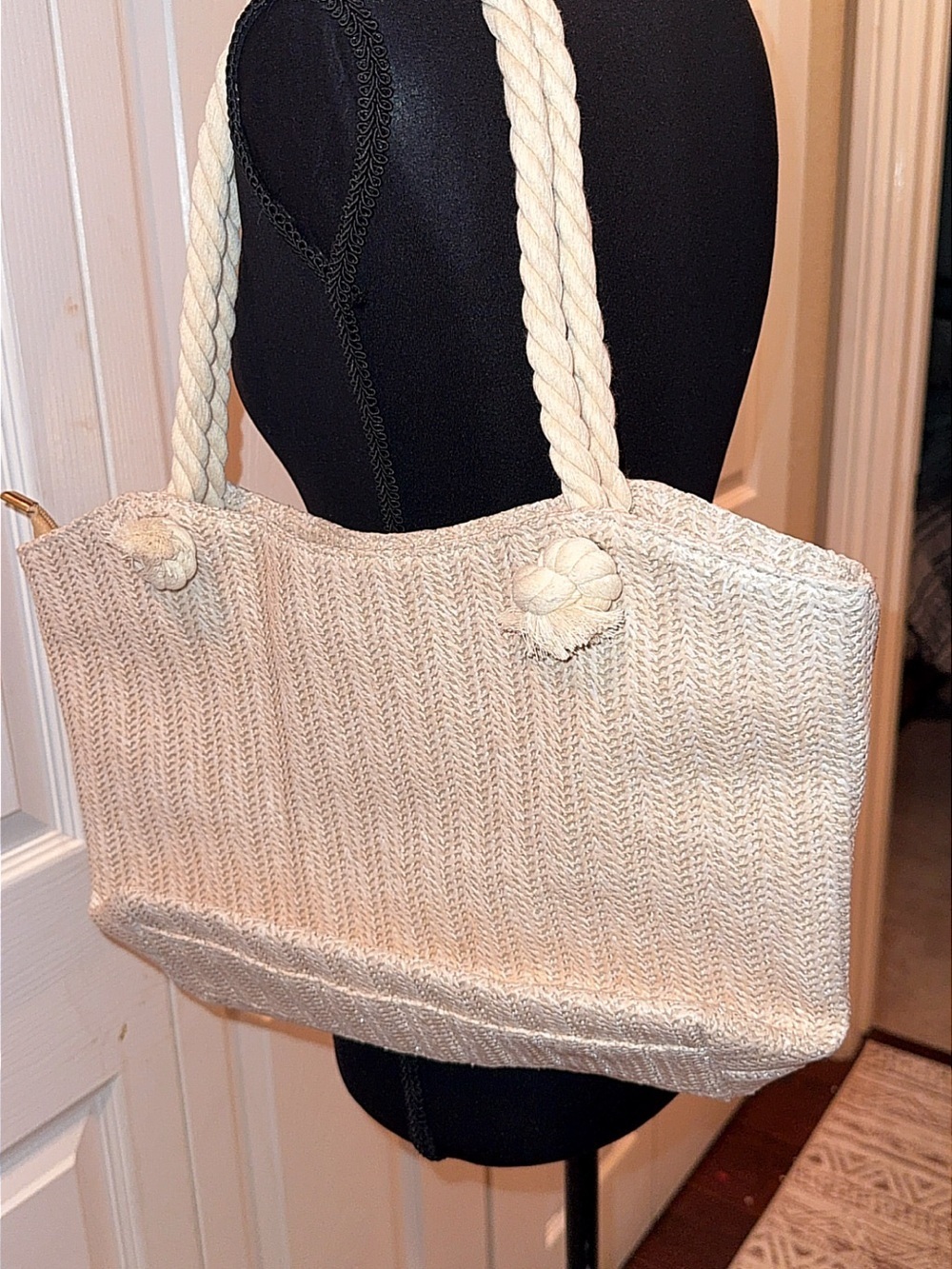 Neutral Cream Woven Rope-Handle Tote